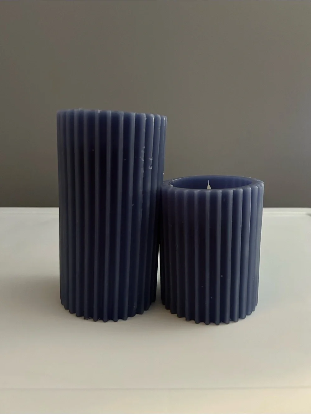 Blue Ribbed Pillar Candle Duo